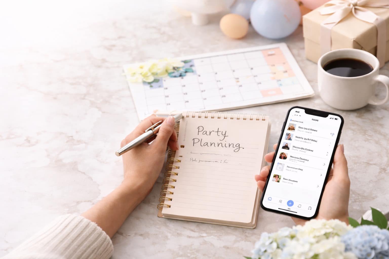 Party planning notebook, calendar, and phone